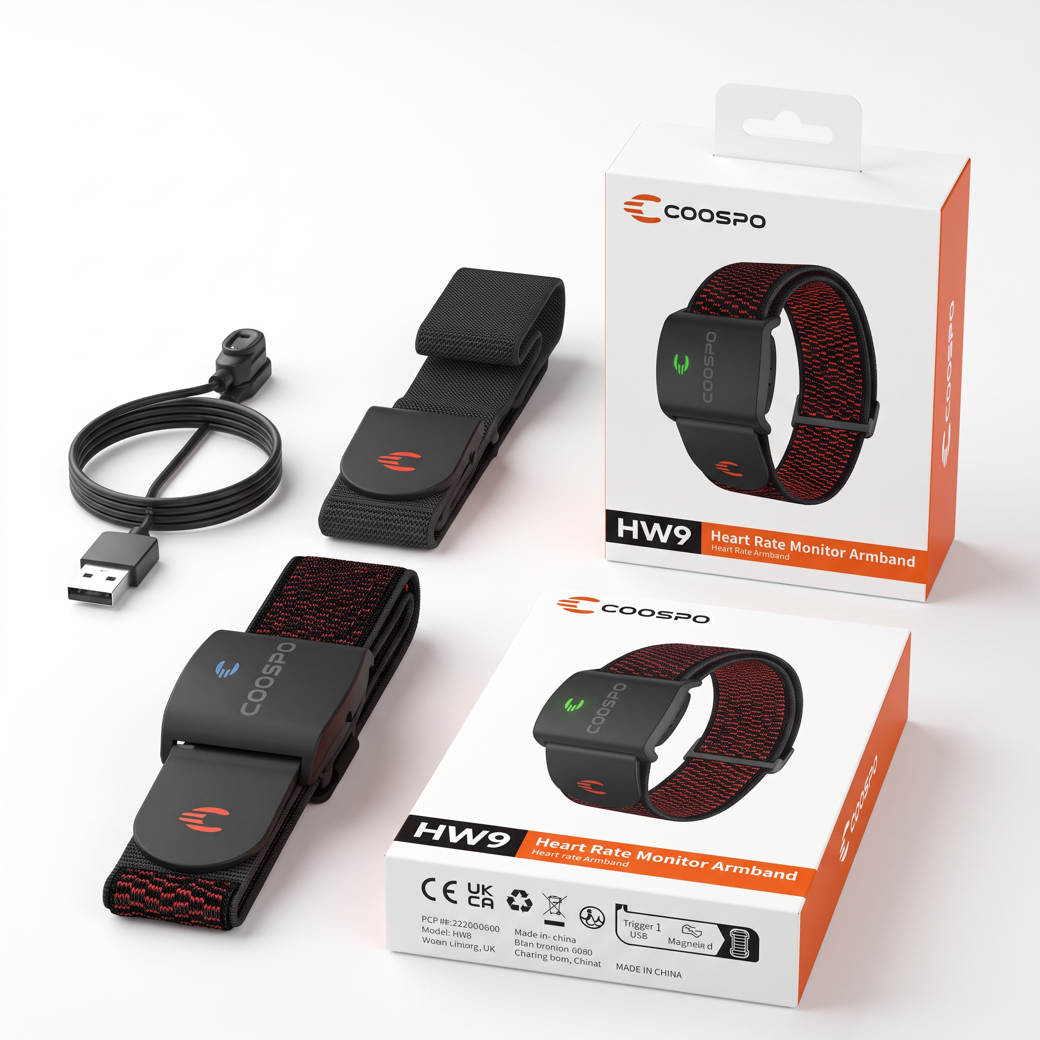 HW9 packaging with armband, strap and charging cable