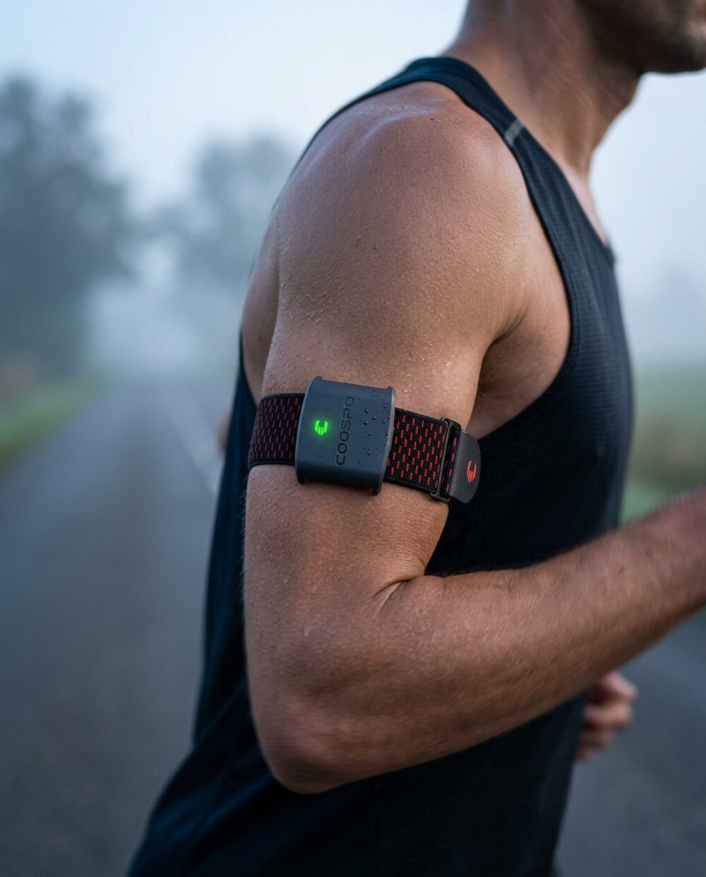 Runner training on a misty morning wearing the armband monitor